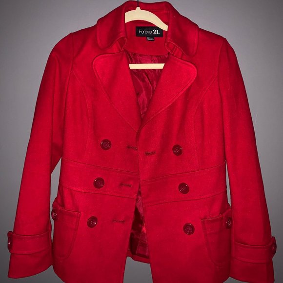Bright Red Pea Coat Forever 21 - Picture 10 of 10